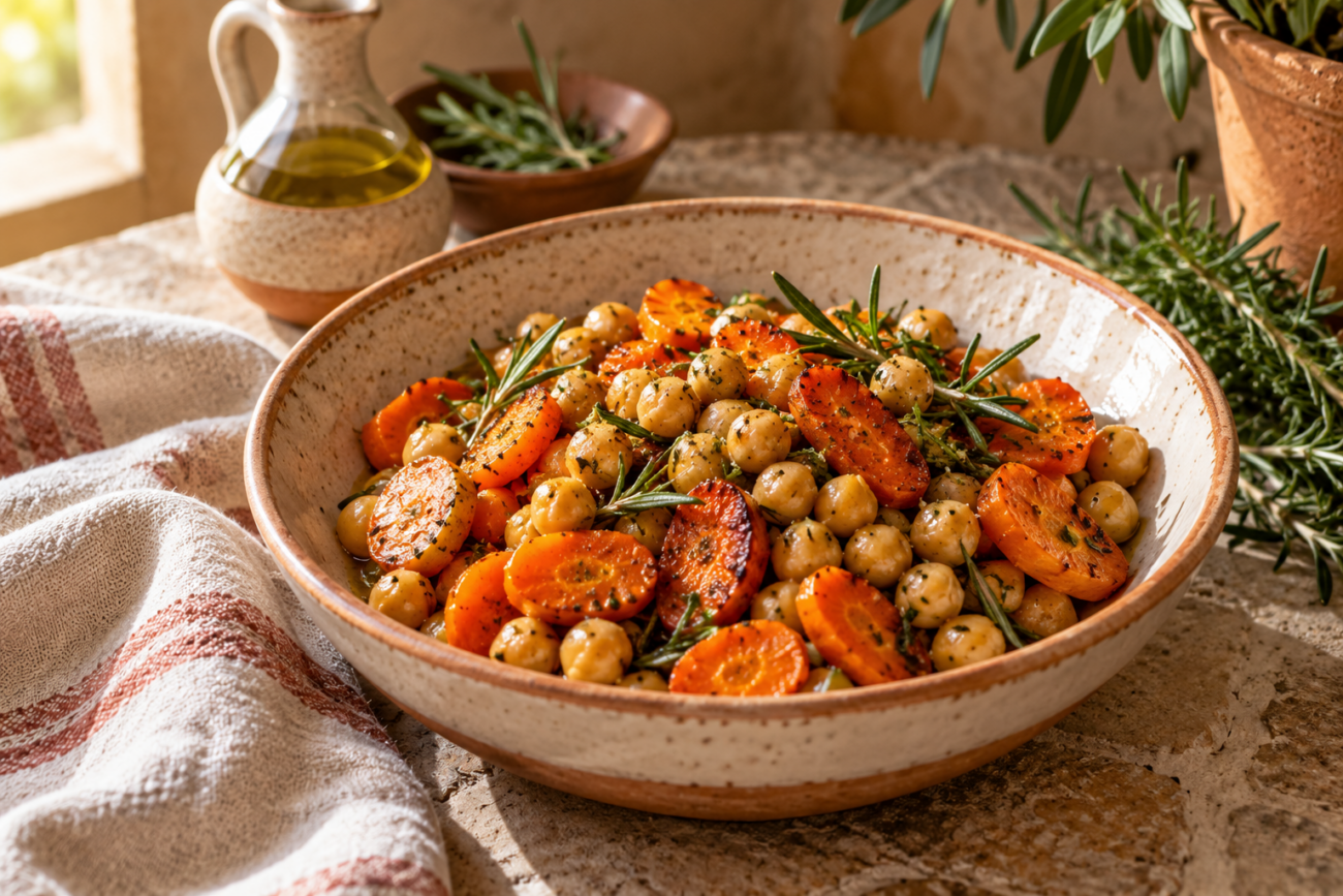 Ceci tiepidi con carote arrosto e rosmarino
